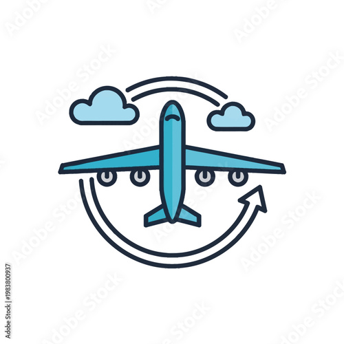 Flat design vector icon of a blue commercial airplane flying between clouds with a circular motion arrow, representing flight paths, round trips, and aviation transportation services.