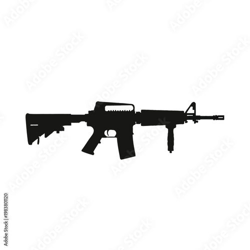 Black silhouette of an M4 carbine assault rifle with vertical foregrip, telescopic stock, and carrying handle, isolated on a plain white background, side view vector illustration.