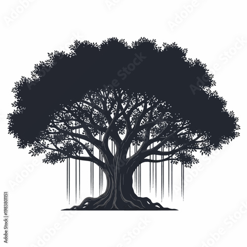 Black silhouette of a large banyan tree with hanging aerial roots and dense foliage canopy isolated on a white background. Detailed illustration of an ancient tropical fig tree.
