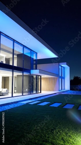 Modern house with blue lights on the exterior at night in a suburban landscape