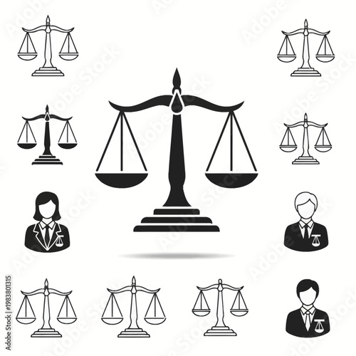 Vector icon collection of scales of justice in various styles and black silhouettes of legal professionals including male and female attorneys on a white background.