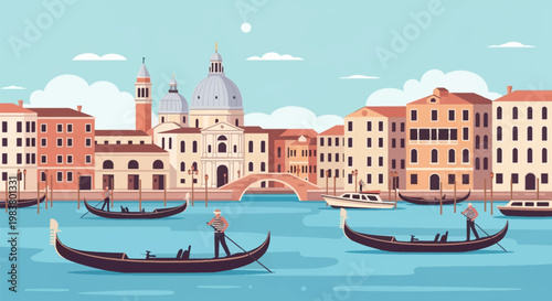 Flat vector illustration of a Venice canal landscape featuring gondolas with gondoliers, Santa Maria della Salute basilica, historic architecture, and stone bridge in Italy.