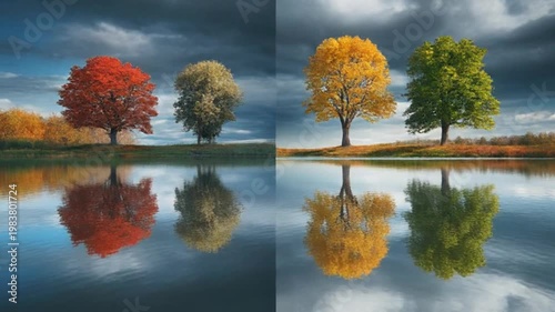 Seasonal changes of trees reflected in a lake