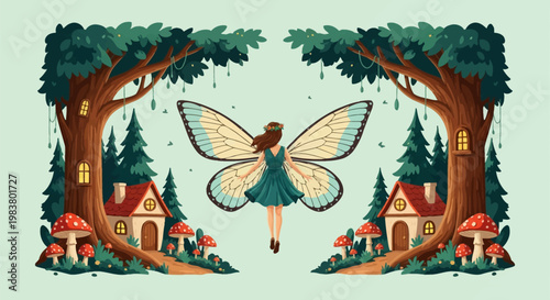 Vector illustration of a fairy with butterfly wings and green dress seen from behind, positioned between large hollow trees with windows, small cottages, and red mushrooms in a forest.