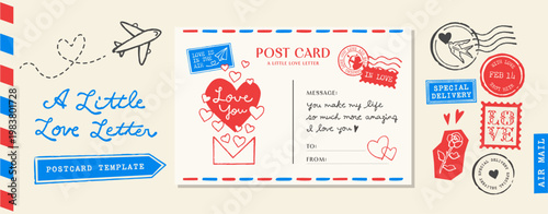 Airmail postcard template with postal elements, stamps and airplane flight path, with message layout and handwritten love letter design