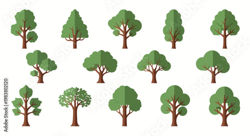 Collection of fourteen flat design vector tree icons isolated on a white background. Includes various stylized green deciduous and broadleaf canopy shapes with brown wood trunks.