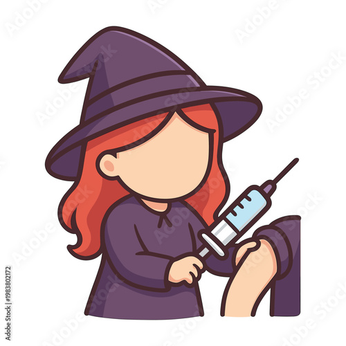 Witch character giving injection with syringe