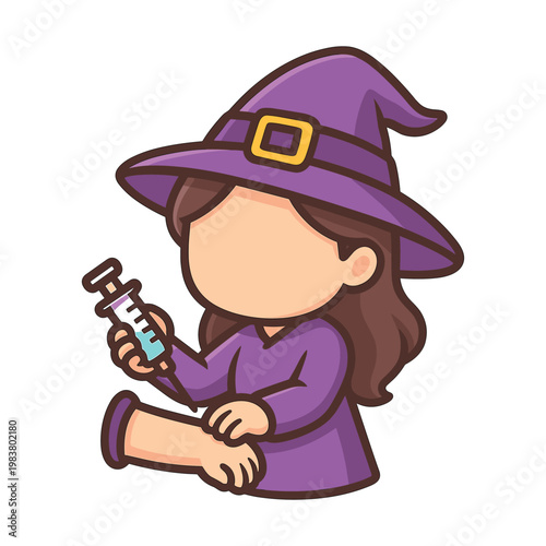 Cartoon witch character giving vaccination injection