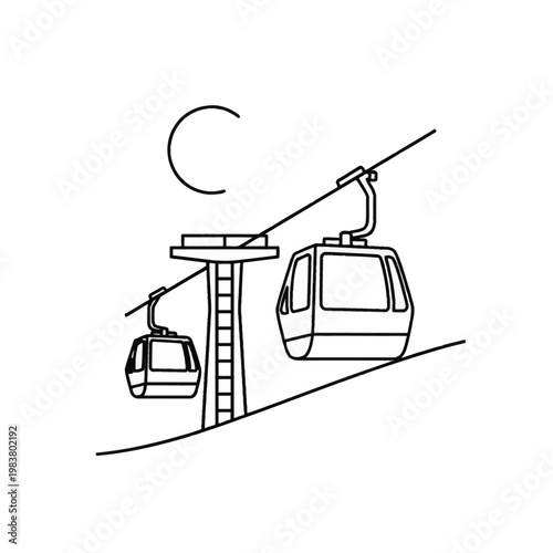 Minimalist black and white line art vector illustration of two ski gondola cabins hanging from cables connected to a support tower on a snowy mountain slope under a circular sun.