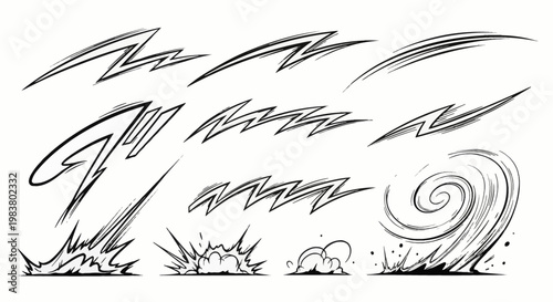 Collection of black and white comic book action effect elements including motion speed lines, jagged energy bolts, spiral wind vortex, and impact smoke plumes on white background.