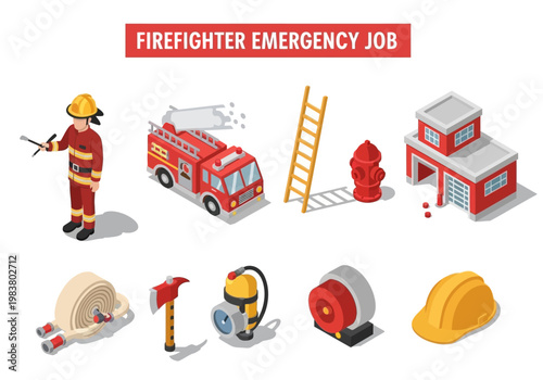 Collection of firefighter emergency job icons and elements for safety and rescue services