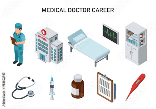 Medical doctor career isometric icons representing hospital, medical equipment, and healthcare professionals