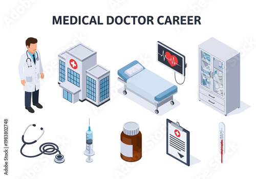 Medical Doctor Career Isometric Icons Healthcare, Hospital, and Medicine Symbols