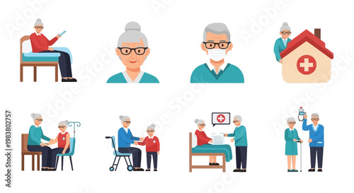 Vector illustrations for senior care featuring elderly people with caregivers, medical staff, nursing home icon, face masks, mobility walkers, and hospital patient care scenes.