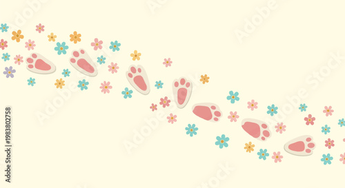 Wide panoramic vector banner illustration of rabbit paw prints and small colorful flowers in pastel shades on a cream background, minimalist graphic for spring or Easter themes.