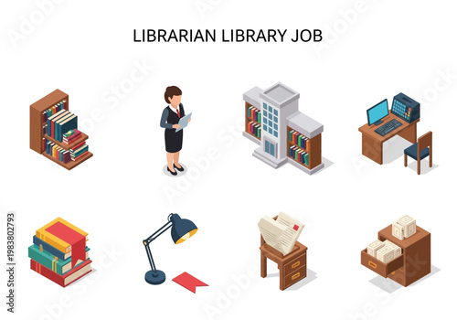 Isometric Librarian Job Icons Collection Featuring Books, Library, Desk, Lamp, and Filing Cabinet