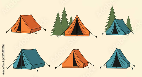 Vector illustration set of six vintage a-frame camping tents in orange and teal blue colors, some with green pine tree accents, isolated on a light beige background for outdoor designs.