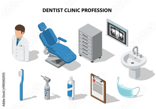 Isometric dental clinic equipment and professional tools for dentistry care