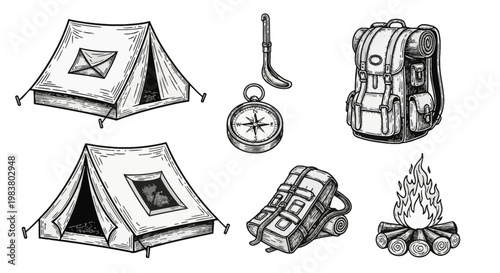 Set of vintage camping equipment icons featuring ridge tents, hiking backpacks, magnetic compass, survival tool, and wood campfire in hand-drawn engraved style on white background.