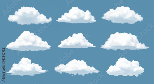 Set of nine realistic white fluffy cumulus cloud illustrations isolated on a solid blue background, featuring various shapes and textures for sky composition and graphic design.