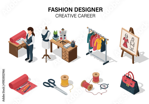 Creative career of a fashion designer illustrated with essential tools and concepts for inspiration