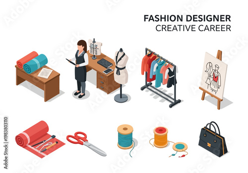 Creative career path for a fashion designer exploring different job aspects and professional tools for the fashion industry