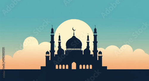 Minimalist silhouette of a mosque with a central dome and multiple minarets against a large moon and colorful sky with clouds, suitable for Islamic holidays and festivals.