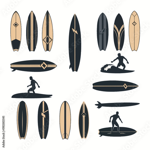 Vector collection featuring multiple surfboard designs with geometric patterns and stripes in black and beige. Includes surfer silhouettes in riding and balancing poses.