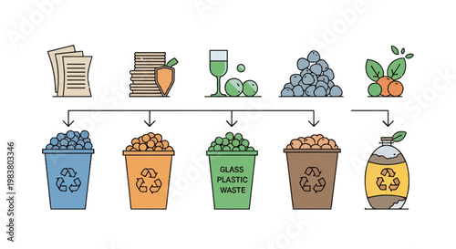Vector infographic showing waste sorting and recycling management with color-coded bins for paper, glass, plastic, and organic materials, including symbols and waste icons.