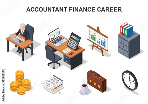 Professional accountant at work with financial reports, office desk, and business growth chart