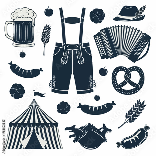 Set of Oktoberfest silhouettes including Bavarian Lederhosen, beer mug, accordion, pretzel, sausages, festival tent, Tyrolean hat with feather, wheat stalks, and roast chicken on white.