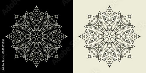 Abstract Mandala Line Art Black White, Relaxing Coloring Book Design for Adults