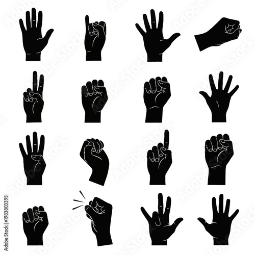 Collection of sixteen black hand silhouettes on white background showing various gestures including open palm, clenched fist, counting, pointing, victory sign, and knocking action.
