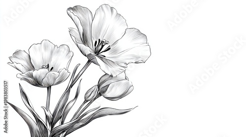 Elegant Black and White Floral Illustration of Tulips in Bloom