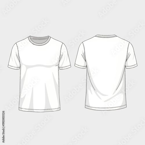 White short sleeve crew neck t-shirt vector illustration showing front and back views. Blank apparel template for clothing design and fashion mockups isolated on a light background.