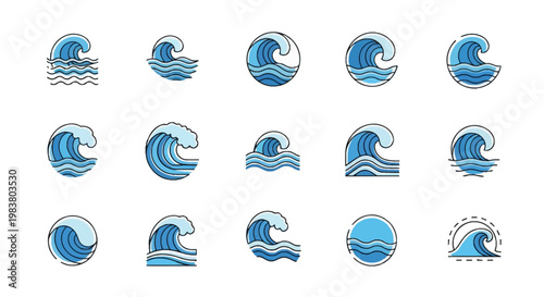 Set of 15 minimalist water wave line art icons and ocean surf symbols in a blue color palette, featuring various circular and wave-shaped crest designs on a white background.