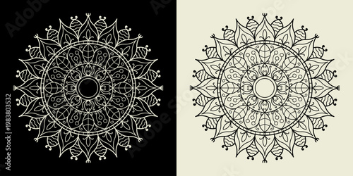 Abstract Mandala Line Art Black White, Relaxing Coloring Book Design for Adults