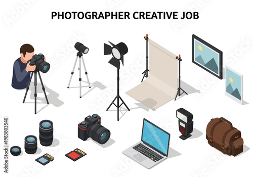 Creative profession of a photographer with all necessary professional equipment for a photoshoot