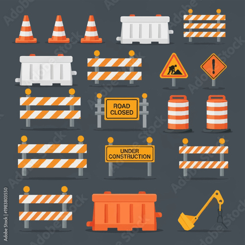 Vector set of road construction safety equipment including orange traffic cones, striped barricades, plastic jersey barriers, road closed signs, and under construction warning symbols on dark.