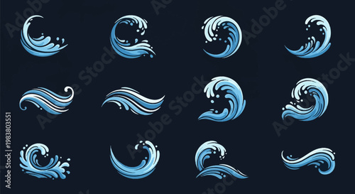 Set of twelve stylized water wave and splash icons in blue and white, featuring various curling, cresting, and flowing ocean wave shapes isolated on a dark background for logo design.