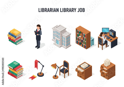 Isometric icons representing a librarian and library job, including books, desk, and building