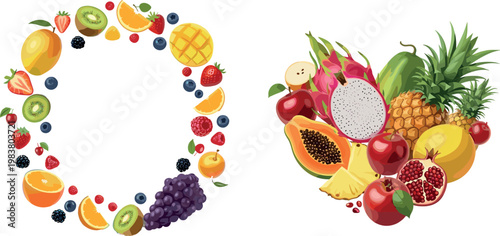 Colorful Tropical and Mixed Fruit Circle Arrangement with Exotic Fruit Pile Vector Set on White Background