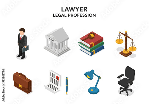 Legal Profession Isometric Icons Lawyer, Courthouse, Books, Scales of Justice, Briefcase, Document, Lamp, Chair