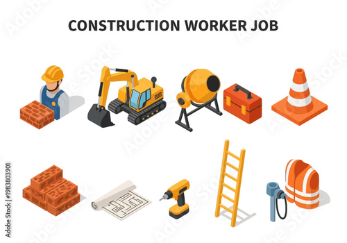 Construction worker job and equipment isometric illustration in bright colors