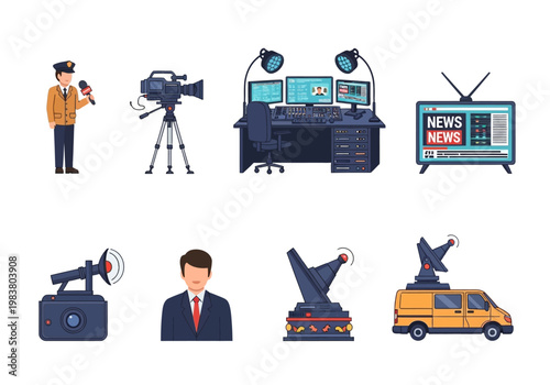 Collection of icons representing broadcasting and news production elements