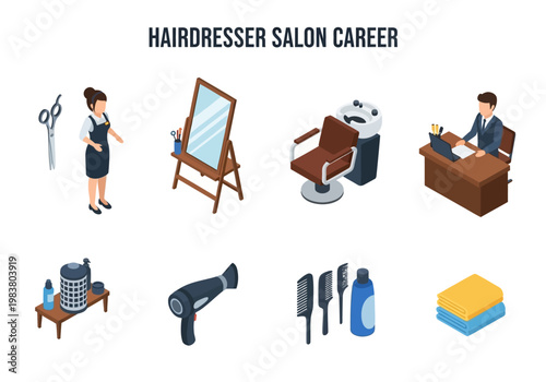 Hairdressing Salon Career Isometric Icons and Elements for Professional Beauty Services