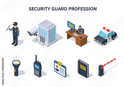 Isometric illustration depicting the security guard profession and related tools