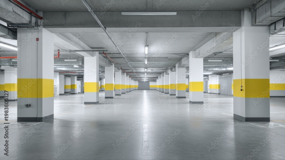 Fototapeta premium Vast Underground Parking Garage Interior with Concrete Pillars and Yellow Stripe Markings