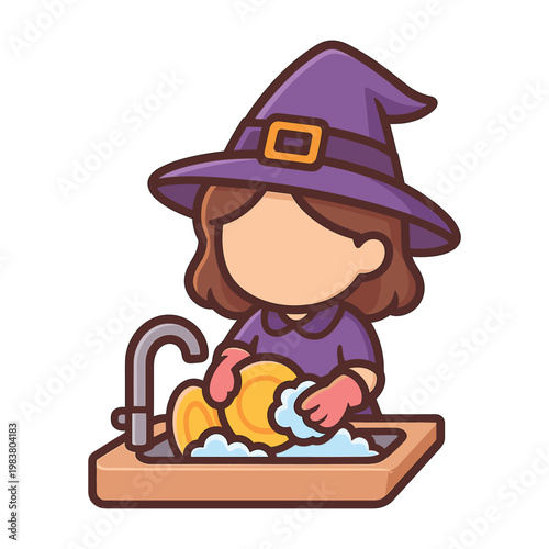 Witch washing dishes at kitchen sink flat vector