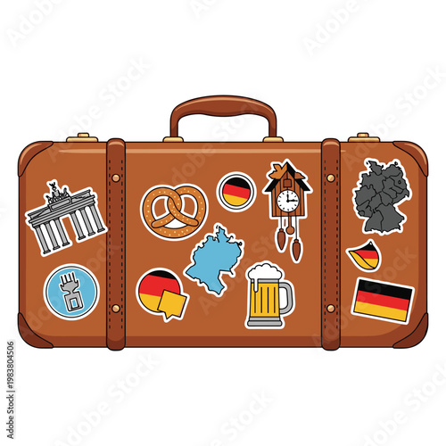 Vintage suitcase adorned with Germany-themed stickers, ready for travel and exploration. The stickers showcase iconic symbols and a map of Germany
